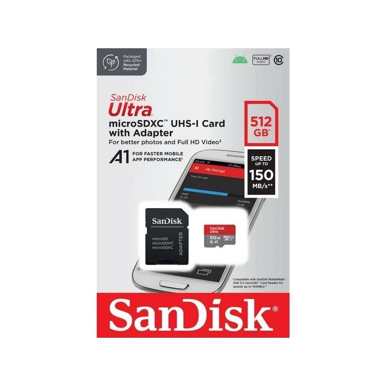 بطاقة ذاكرة SanDisk Ultra سعة 512GB نوع microSDXC مع محول SD – سرعة تصل إلى 150MB/s وأداء A1
