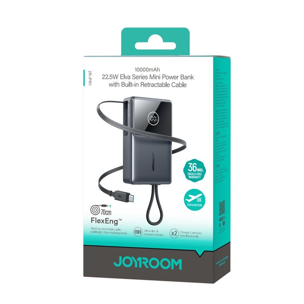 باور بانك جيروم JOYROOM JR-PR1 سلسلة Elva صغير الحجم بسعة 10000mAh وقوة 22.5W مع كابل مدمج قابل للسح